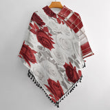 Red and white geometric floral tassel cape with tassel trim in polyester blend — product detail