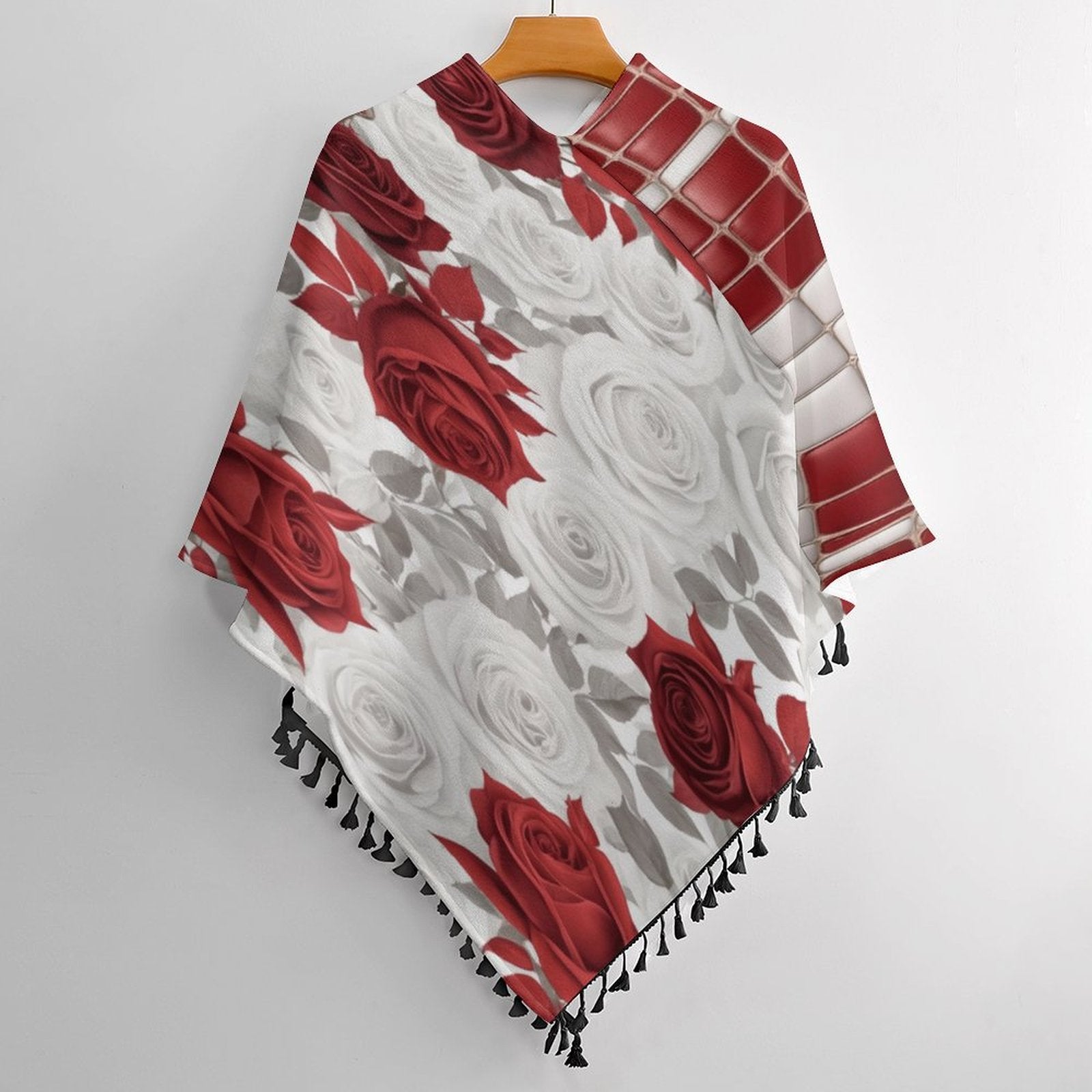 Red and white geometric floral tassel cape with tassel trim in polyester blend — product detail