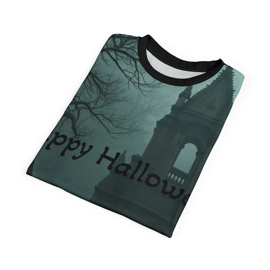 Halloween Unisex Tee, Spooky Graphic T-Shirt, Halloween Party Wear, Ghostly AOP Shirt, Gothic Casual Tee