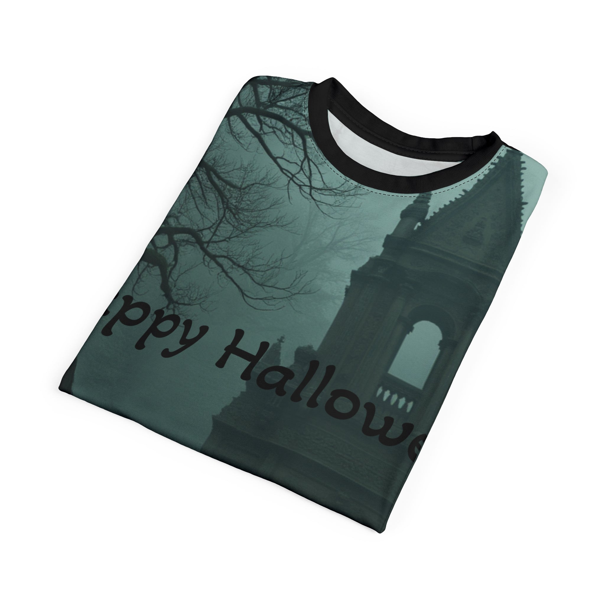 Halloween Unisex Tee, Spooky Graphic T-Shirt, Halloween Party Wear, Ghostly AOP Shirt, Gothic Casual Tee