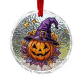 Two round crystal glass Halloween ornaments with pumpkin and black cat designs and included hanging ropes — product detail