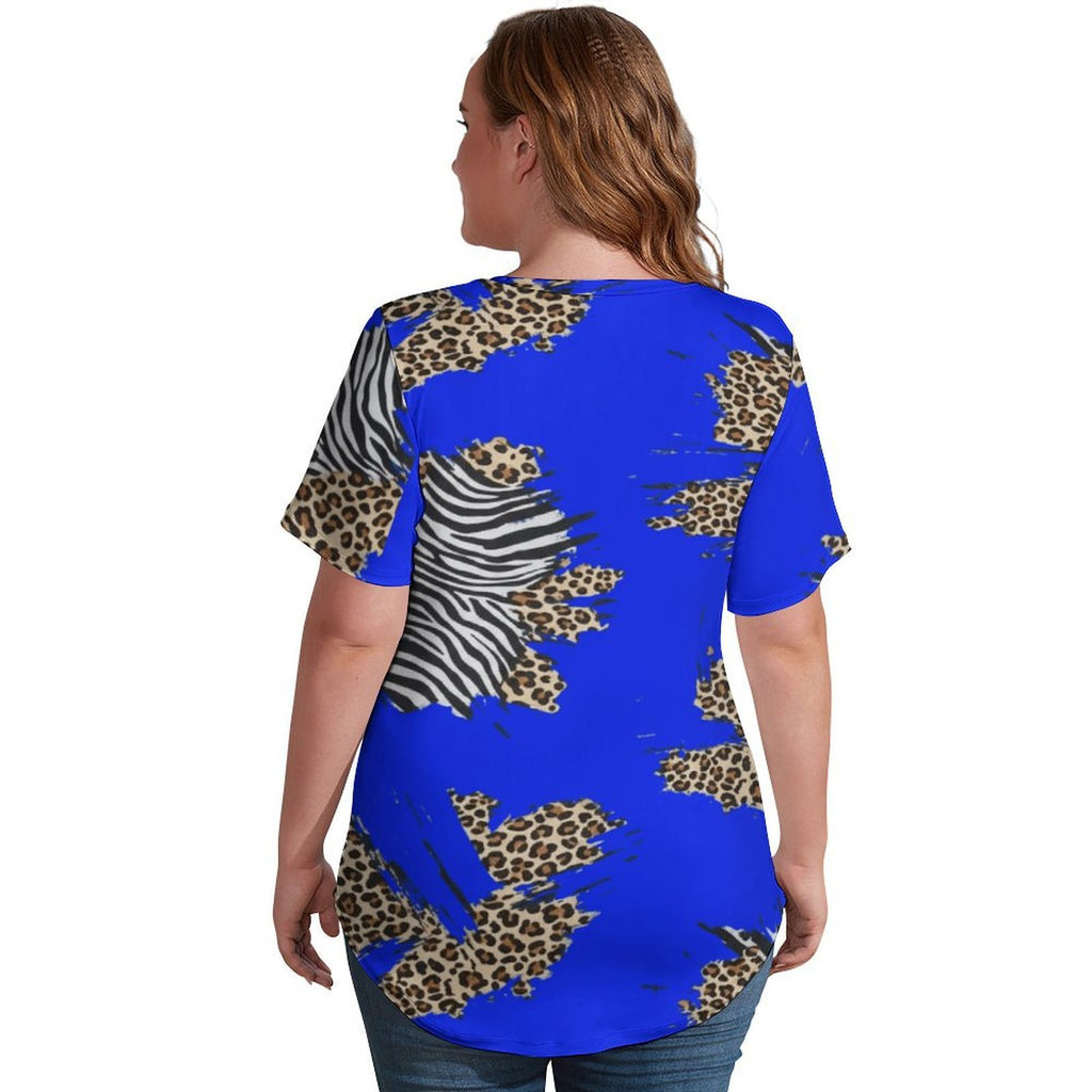 Rich and Rich Royal Blue Animal Print Women's Short-Sleeve V-Neck T-Shirt