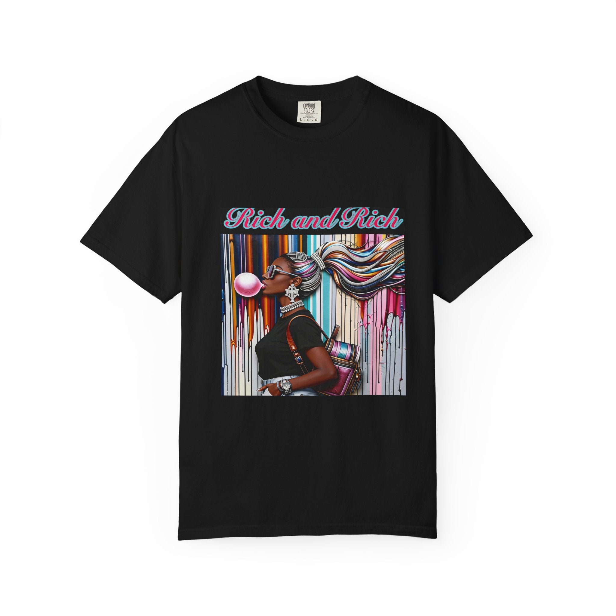 Garment-dyed heavyweight tee with colorful bubblegum street-art print of a figure blowing a bubble — product detail