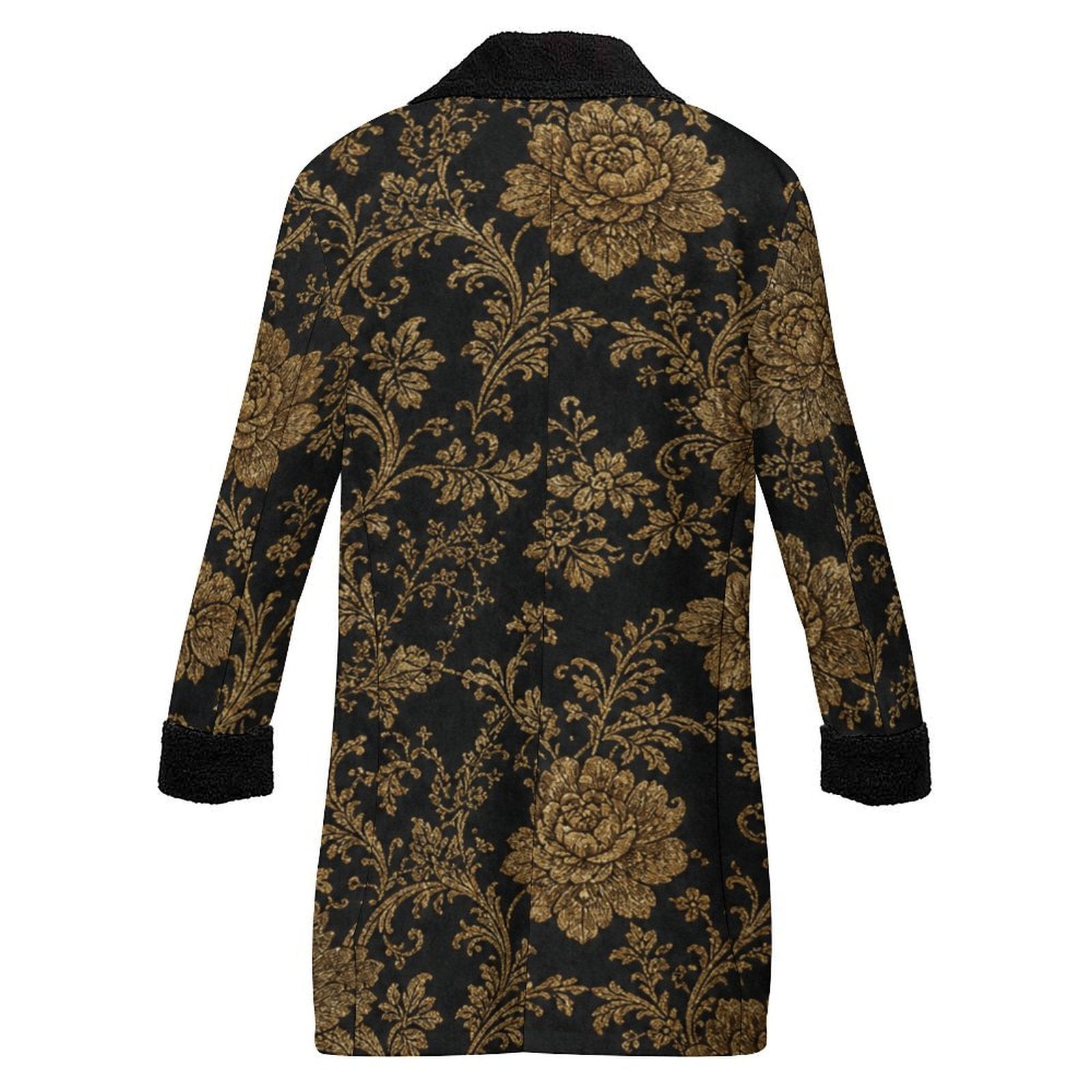 Black men's double-breasted coat with gold floral brocade pattern and sherpa lining — side view