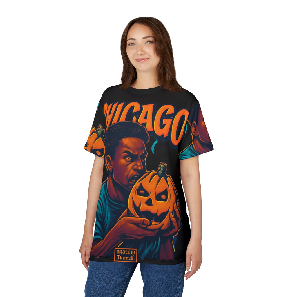Chicago Halloween Unisex Tee with spooky pumpkin graphic, fall streetwear style
