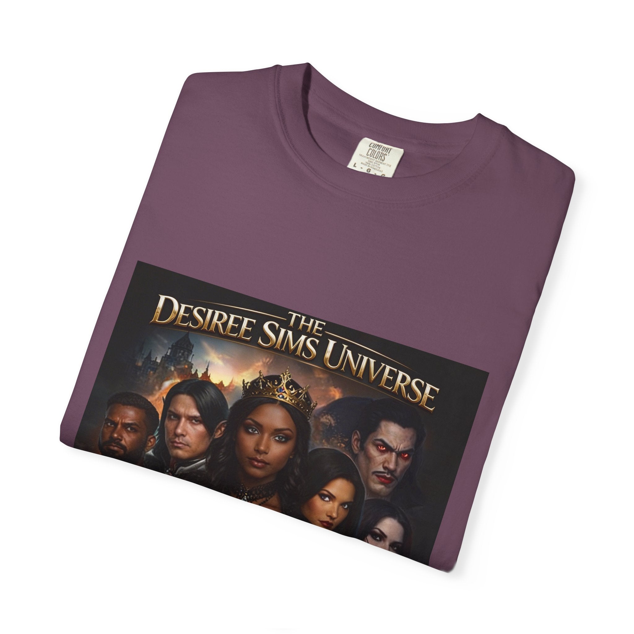 Desiree Sims Universe Fantasy Series Cast Poster T-shirt with cinematic magic print on garment-dyed fabric