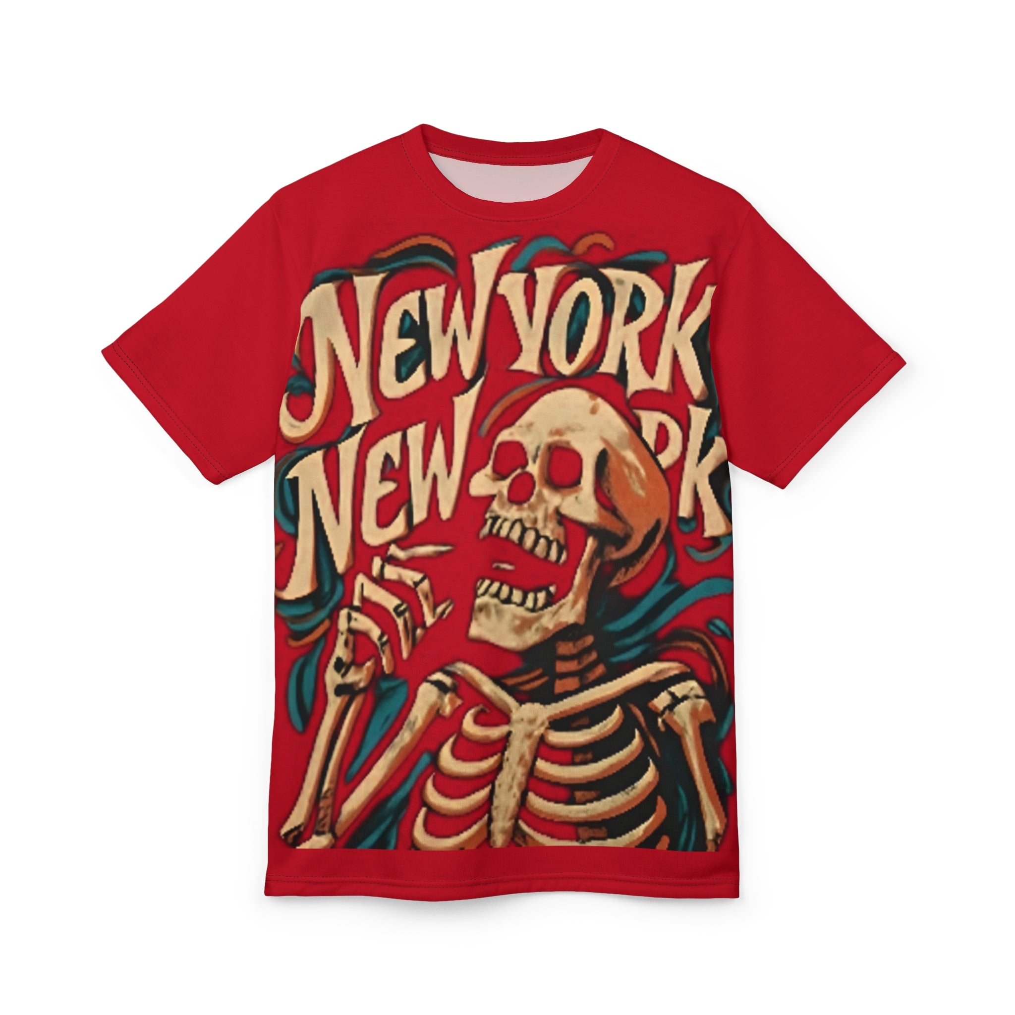 New York Skeleton Graphic Tee featuring vintage skull design in red, unisex all-over print shirt