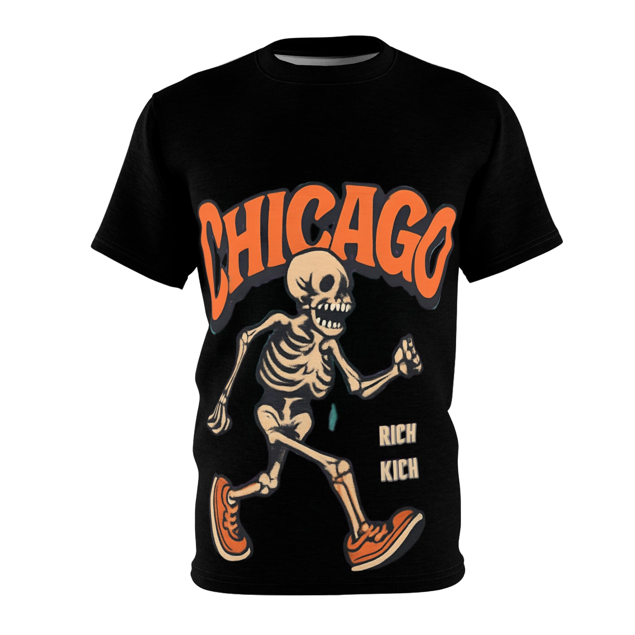 Unisex tee with Chicago skeleton all-over graphic, crew neck and regular fit for festival and streetwear — product detail