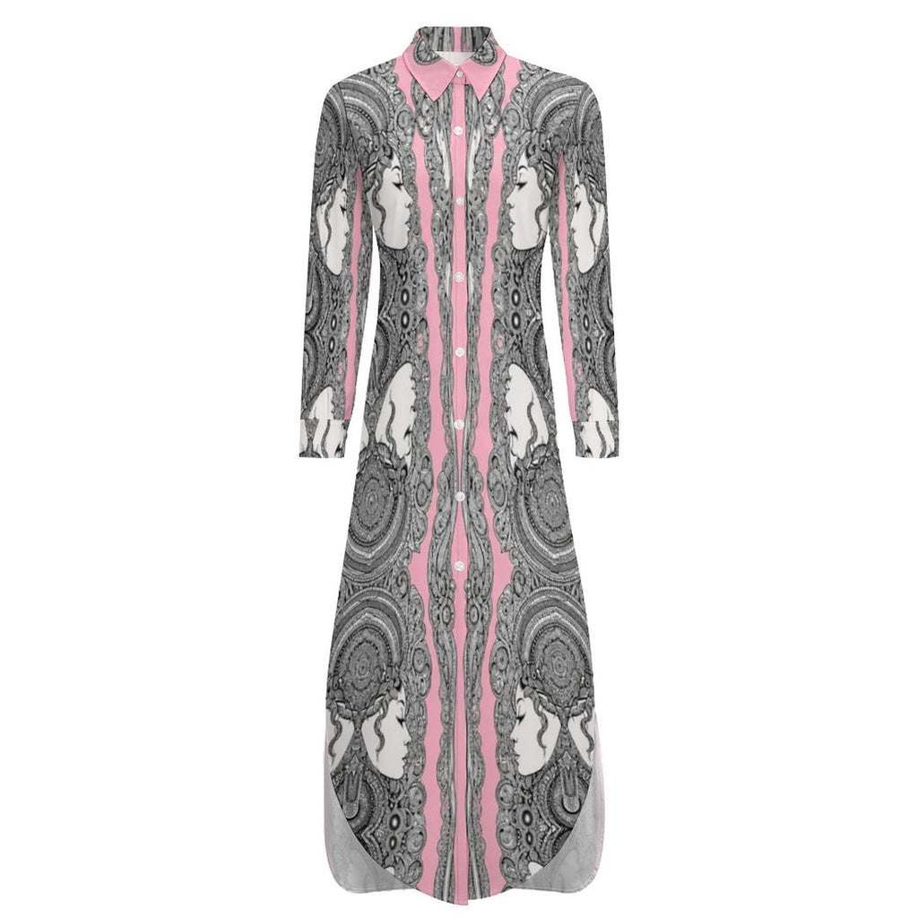 Rich and Rich Pink Caricature Women's Designer Button-Up Long Sleeve Shirt Dress