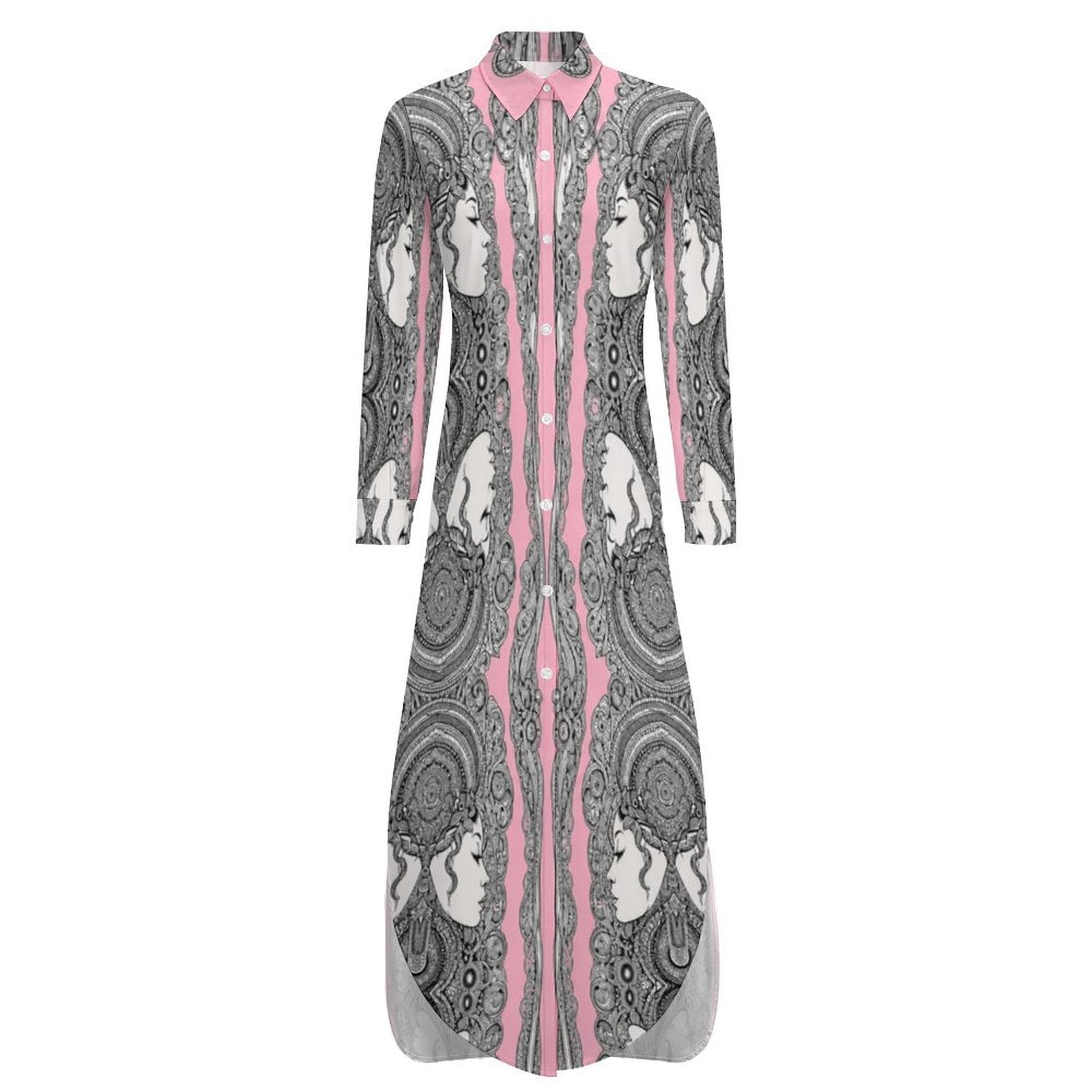 Rich and Rich Pink Caricature Women's Designer Button-Up Long Sleeve Shirt Dress