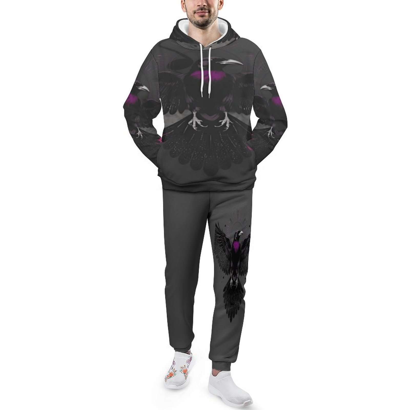 Men's cropped long-sleeve hoodie tracksuit in all-over print with a kangaroo pocket and drawstring hood