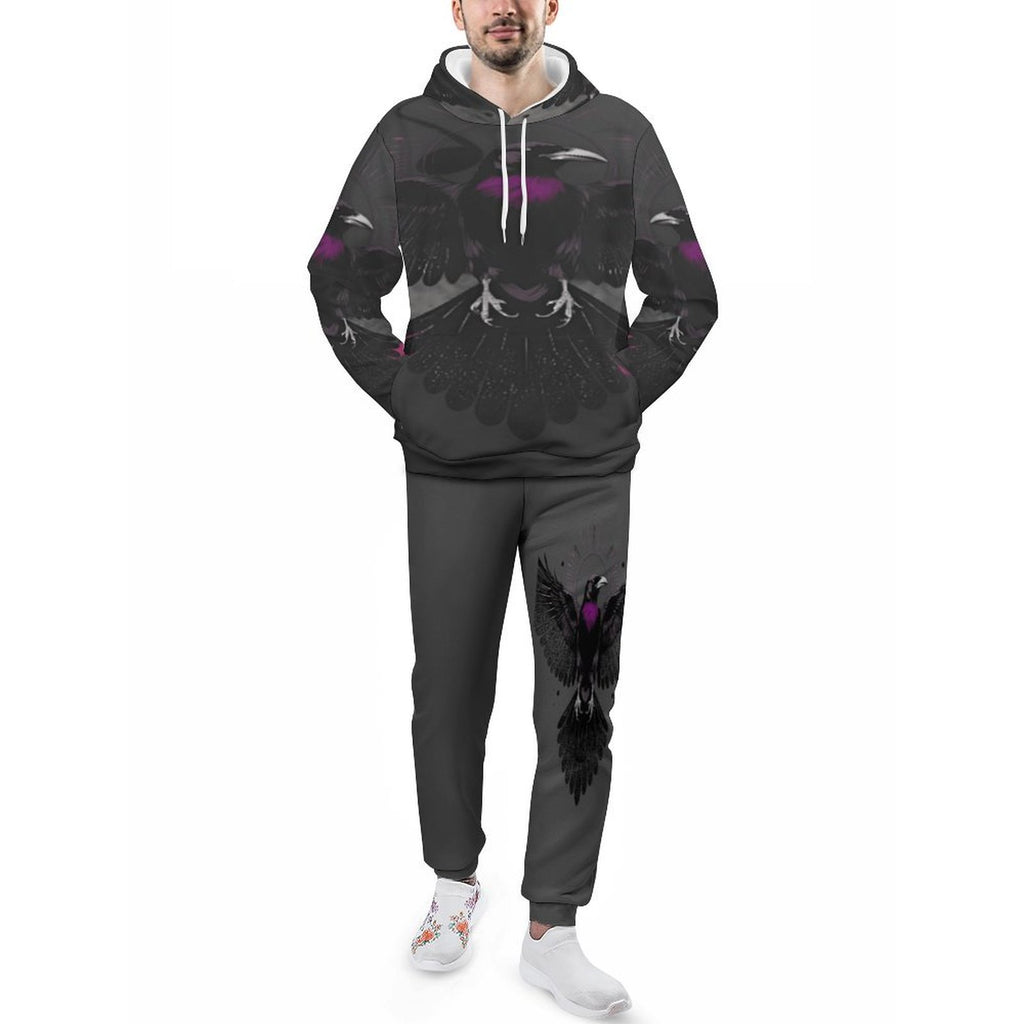 Men's all-over print sweater suit tracksuit with cropped hoodie and drawstring hood