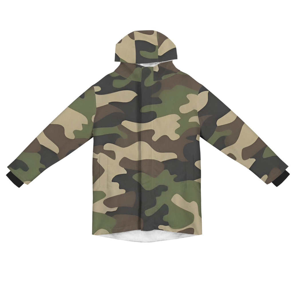 R&RH Camo Green Men's Mid-Length Hooded Coat with fleece lining and hood
