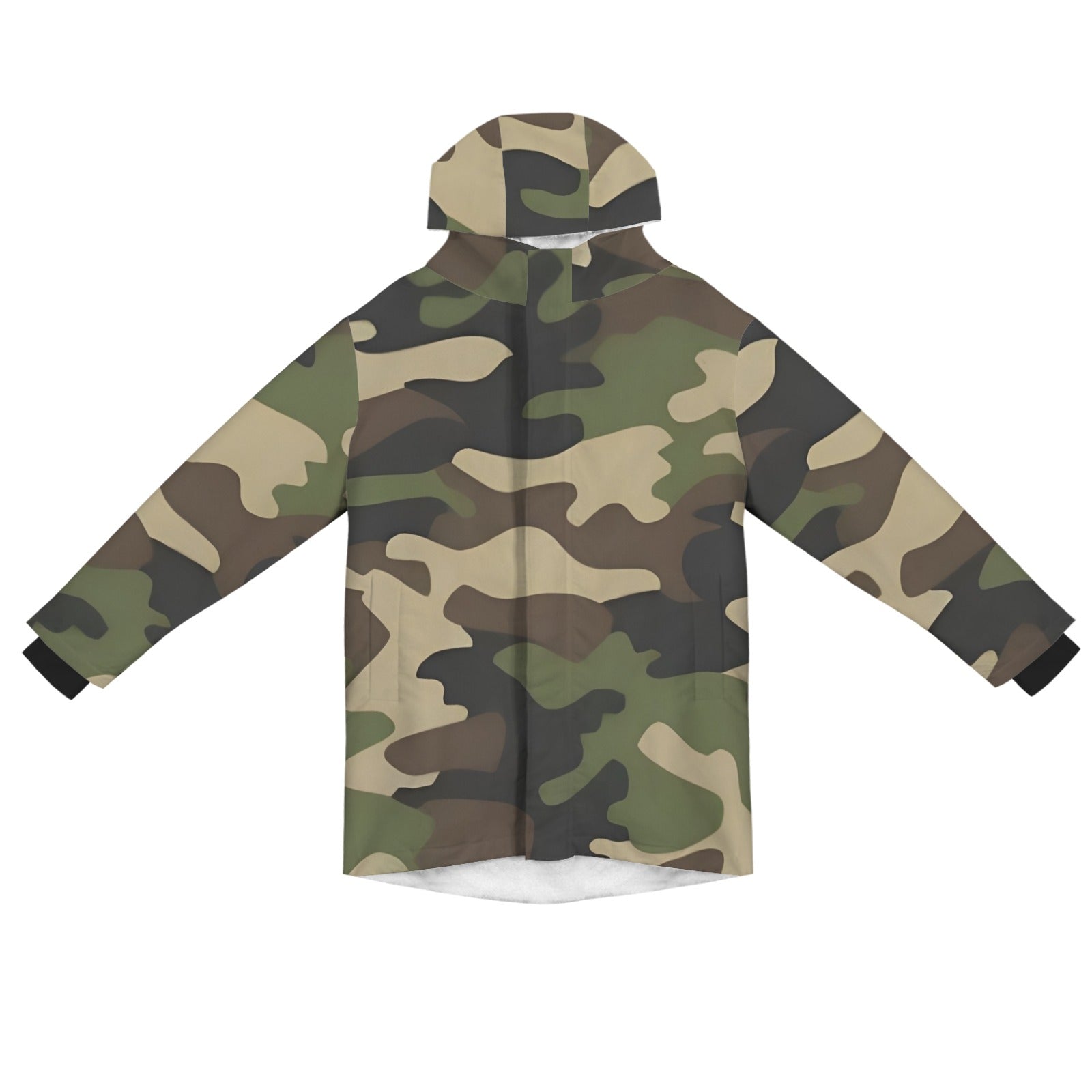R&RH Camo Green Men's Mid-Length Hooded Coat with fleece lining and hood