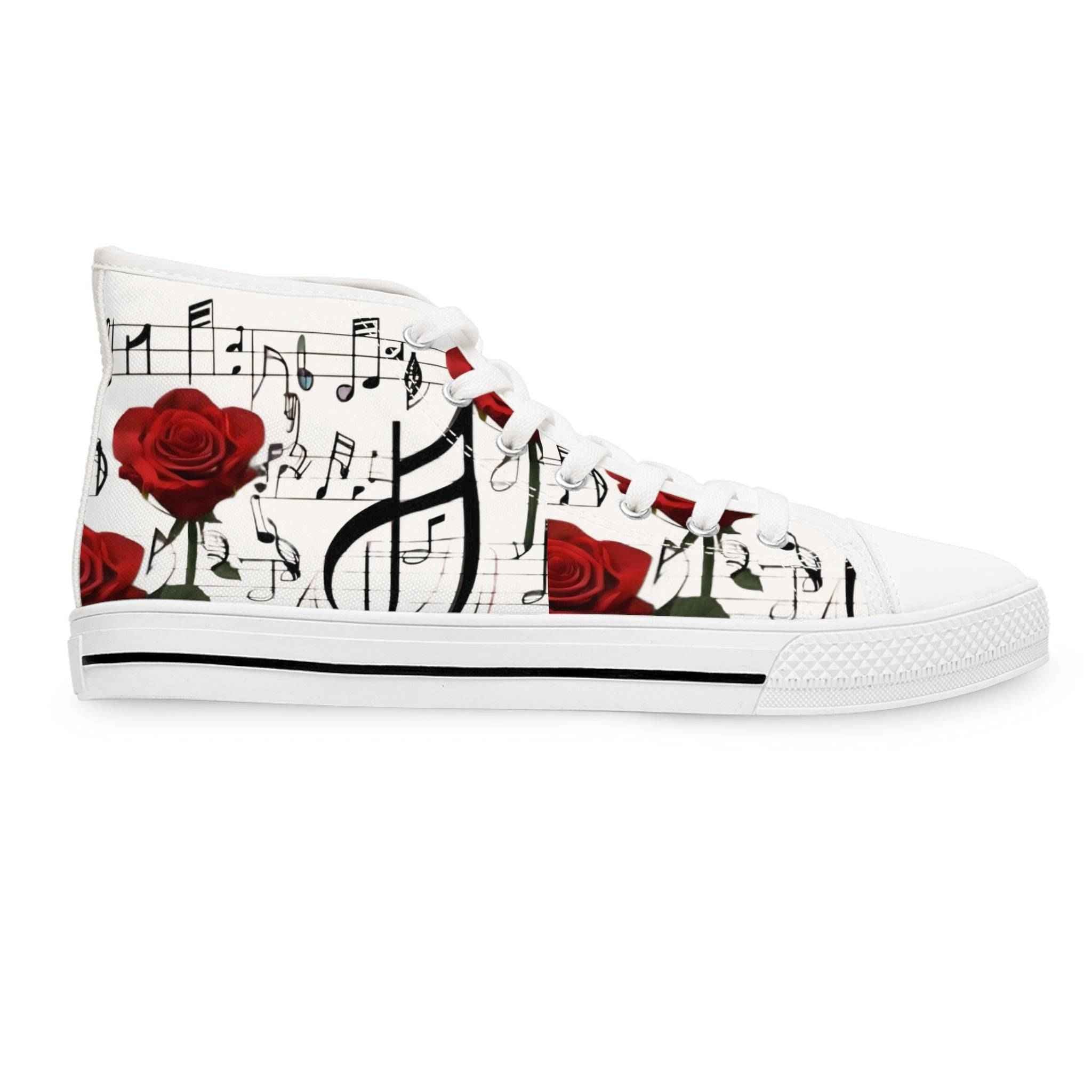 White high-top women's sneakers with full-wrap musical notes and red rose print, pleather toe and rubber — additional view 9