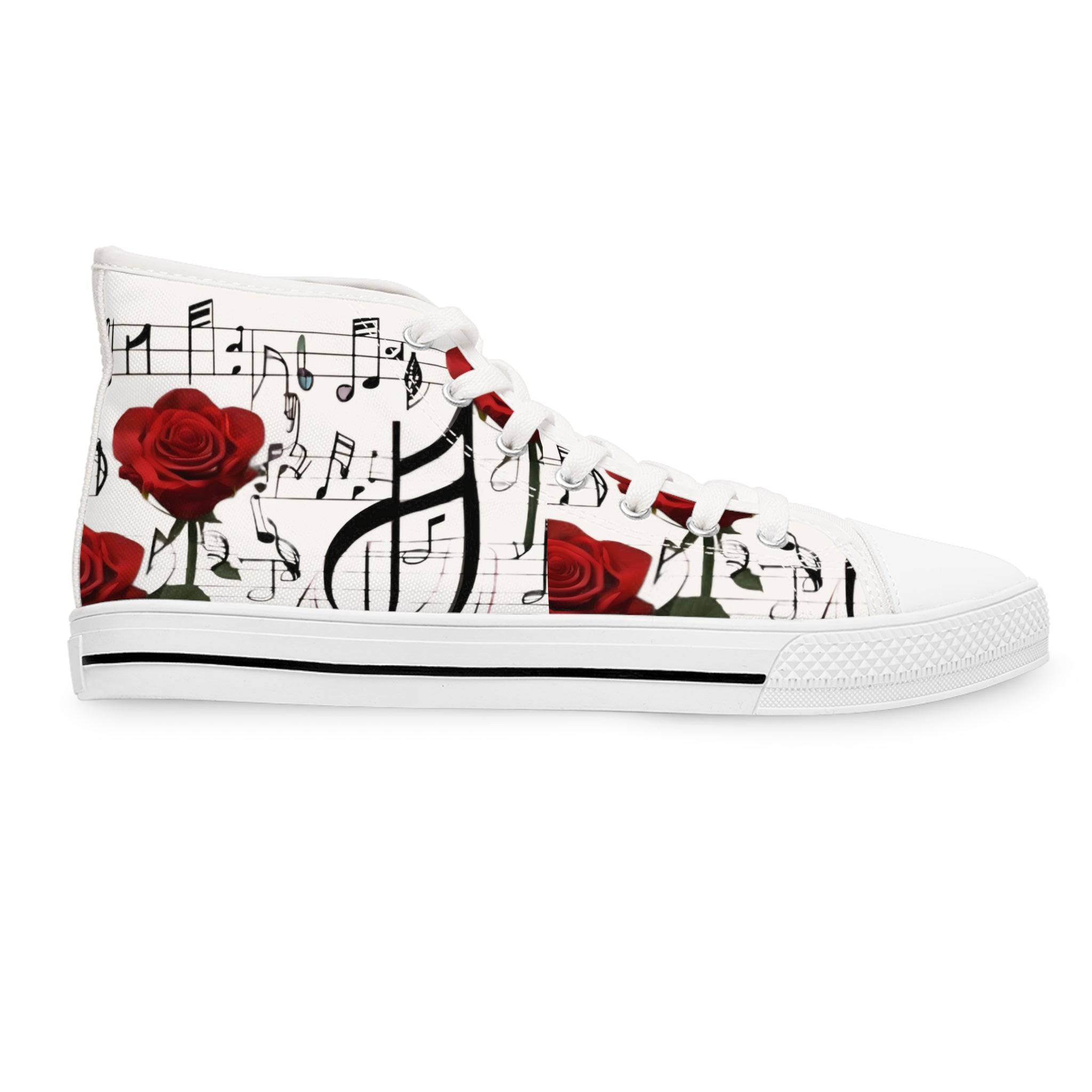 R&RH Women's High Top White Sneakers with Music Notes and Rose Design
