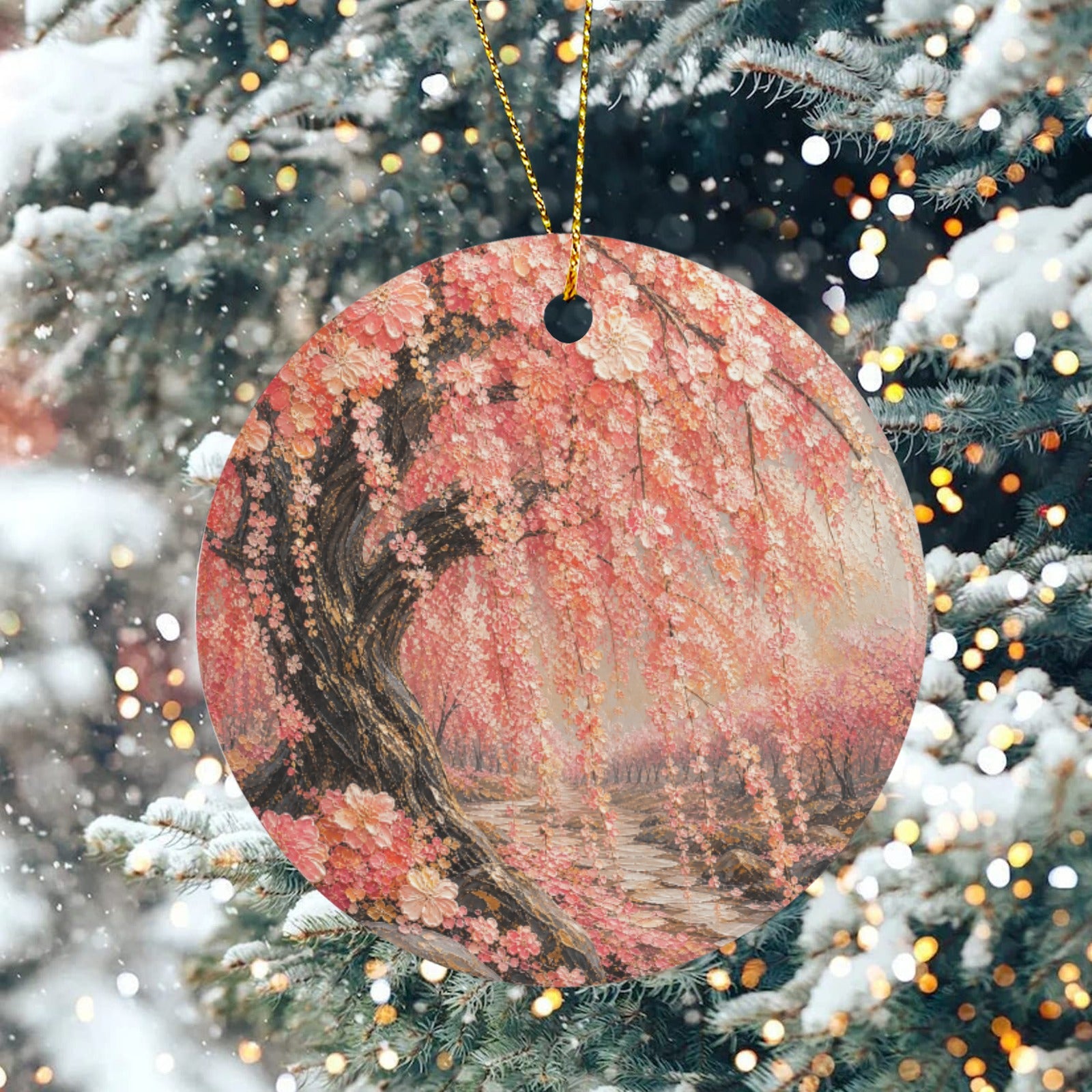Japanese Pinkish Red Cherry Blossom Painting Ceramic Round Ceramic Ornament