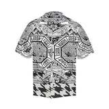 Black and white abstract patterned men's short-sleeve shirt with notch lapel and boxy fit — additional view 6