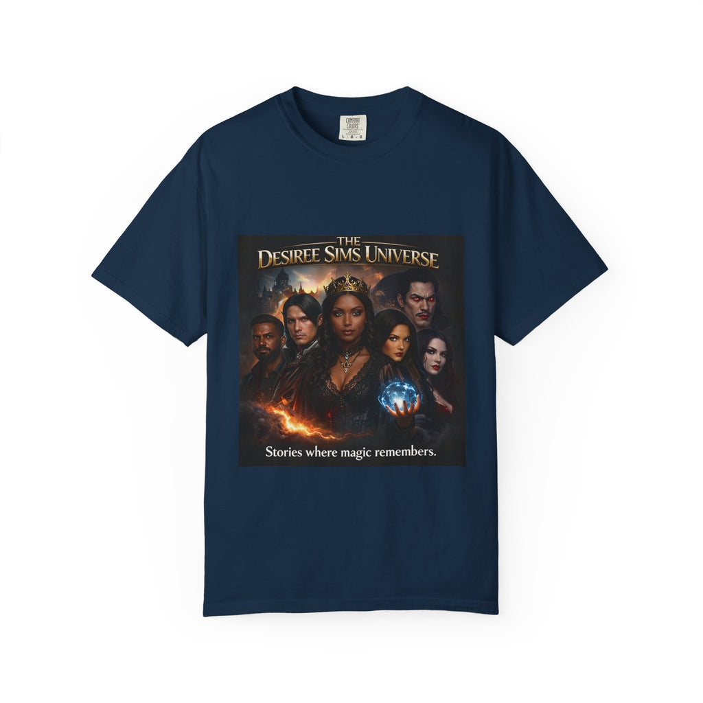 Desiree Sims Universe Fantasy Series Cast Poster T-shirt with cinematic magic print on garment-dyed fabric