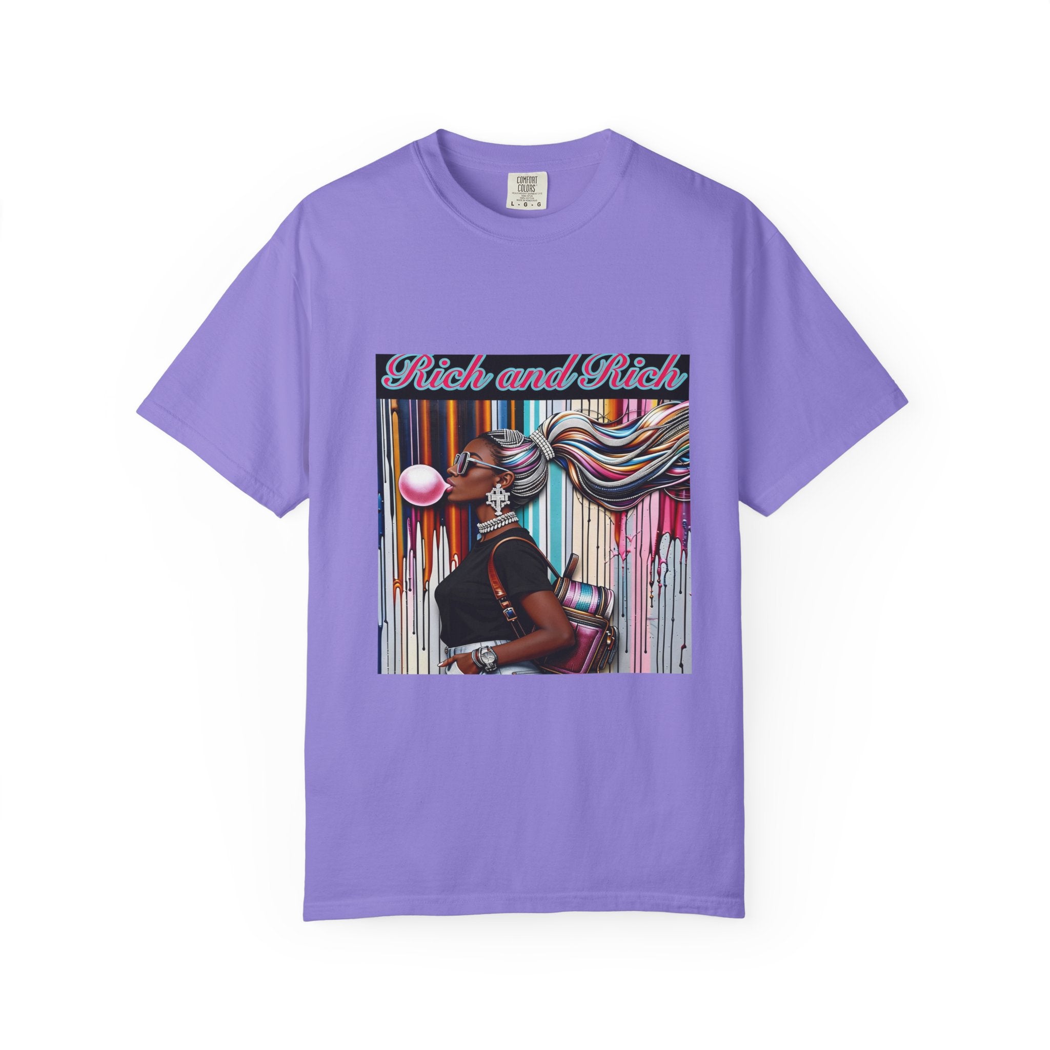 Unisex Rich and Rich colorful bubblegum street art graphic t-shirt featuring a figure blowing a rainbow bubble