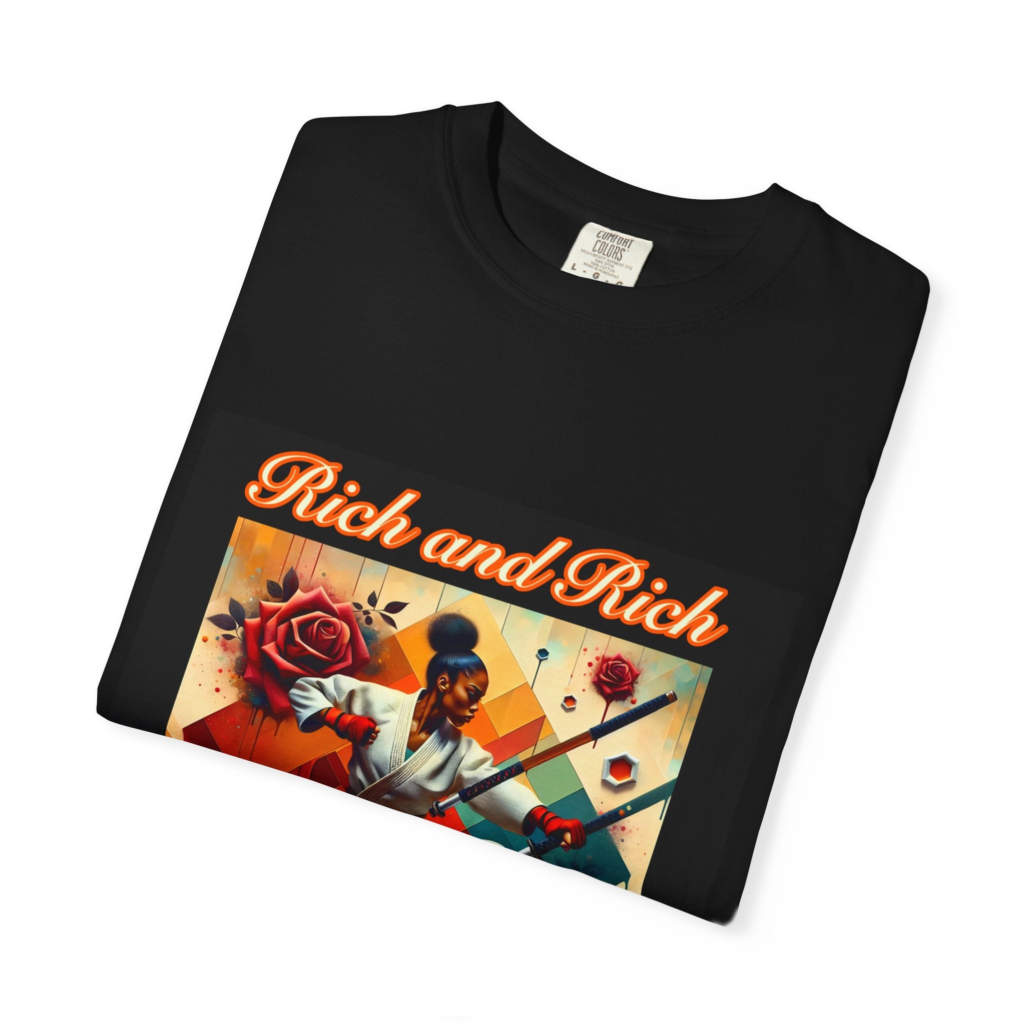Rich and Rich Retro Floral Hip-Hop Artwork T-Shirt with bold graphic print on front