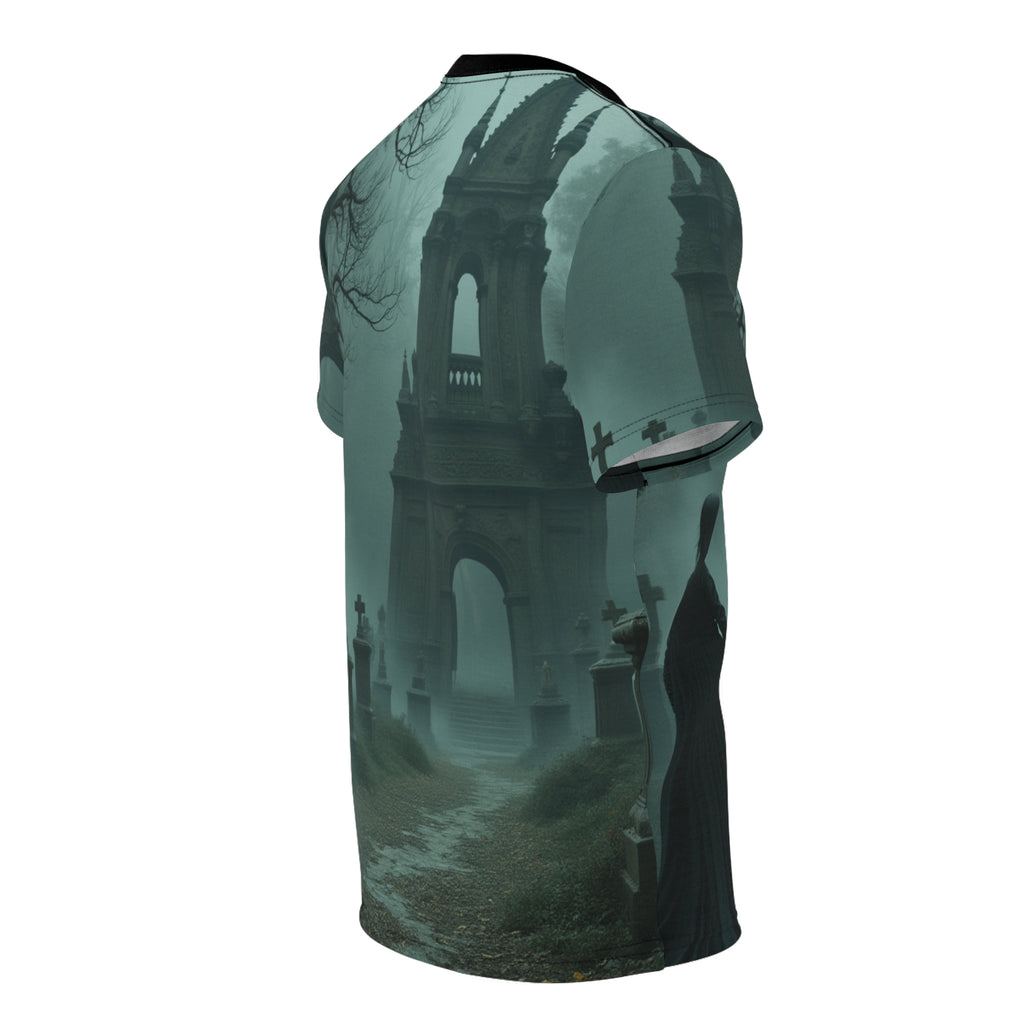 Halloween Unisex Tee, Spooky Graphic T-Shirt, Halloween Party Wear, Ghostly AOP Shirt, Gothic Casual Tee