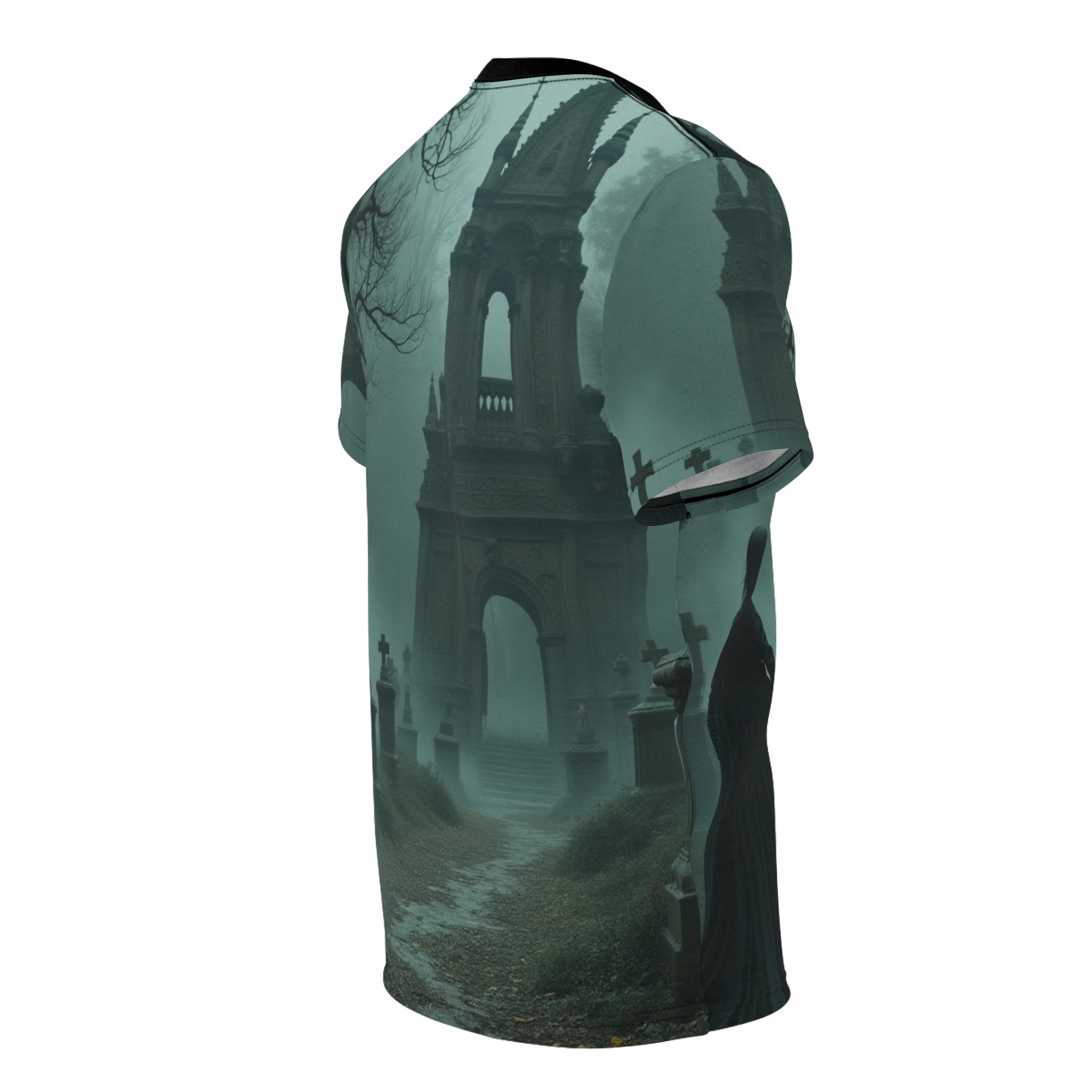 Halloween Unisex Tee, Spooky Graphic T-Shirt, Halloween Party Wear, Ghostly AOP Shirt, Gothic Casual Tee