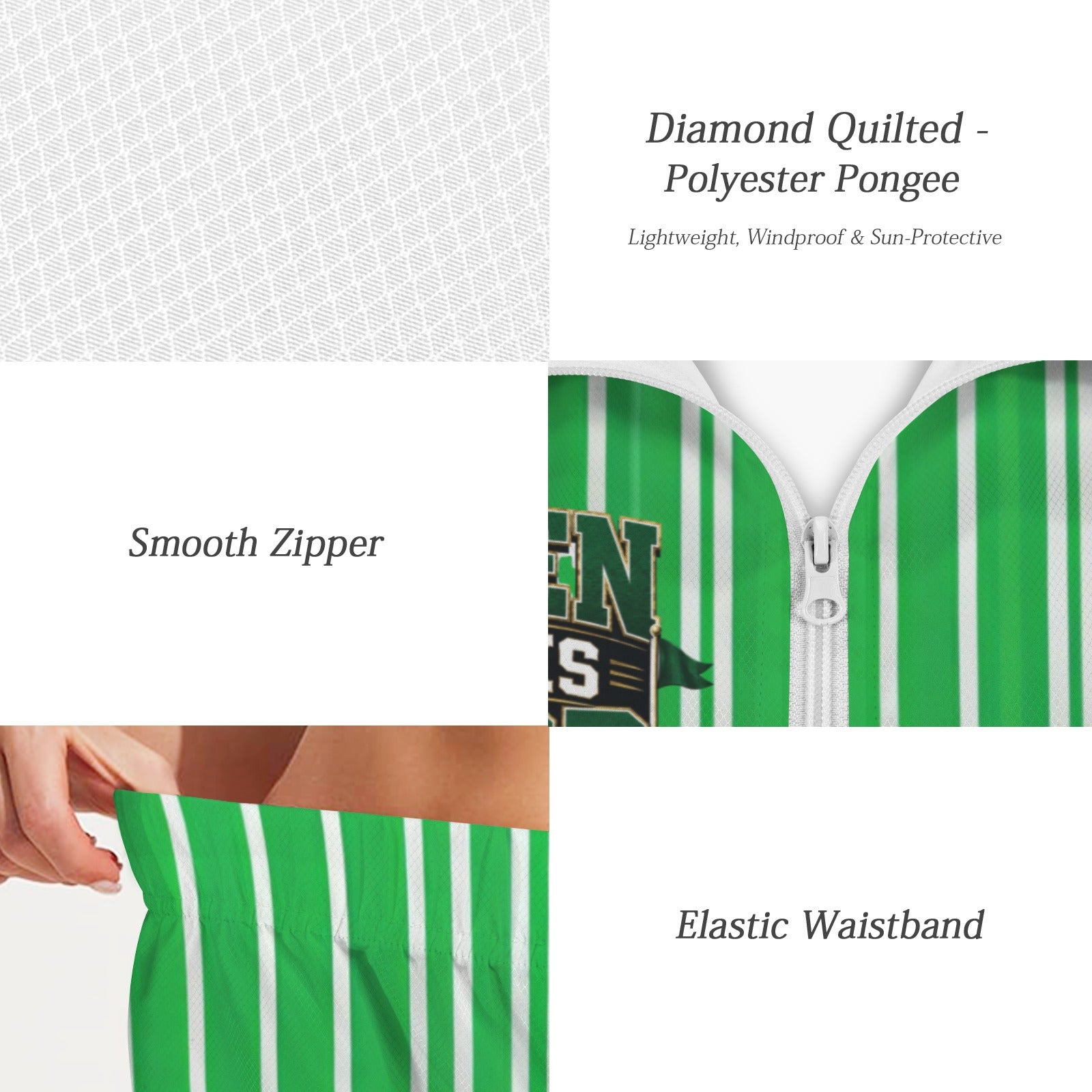 Green pinstriped women's short-sleeve windbreaker jacket with matching elastic-waist shorts — additional view 8