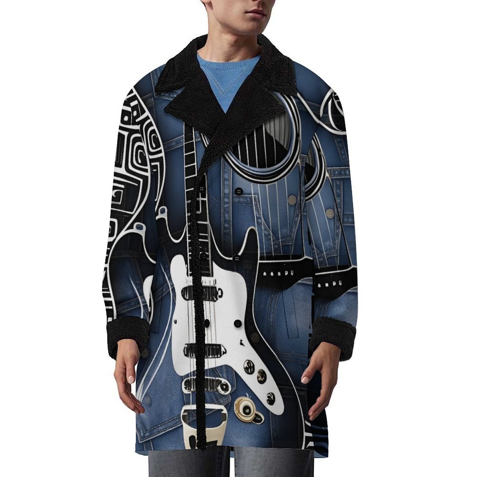 Knee-length blue double-breasted men's coat with notch lapel and sherpa fleece lining — alternate view