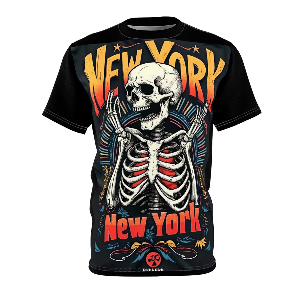 Unisex Gothic New York Skeleton T-Shirt with bold skull graphic on black background