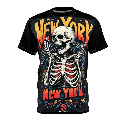 Unisex Gothic New York Skeleton T-Shirt with bold skull graphic on black background