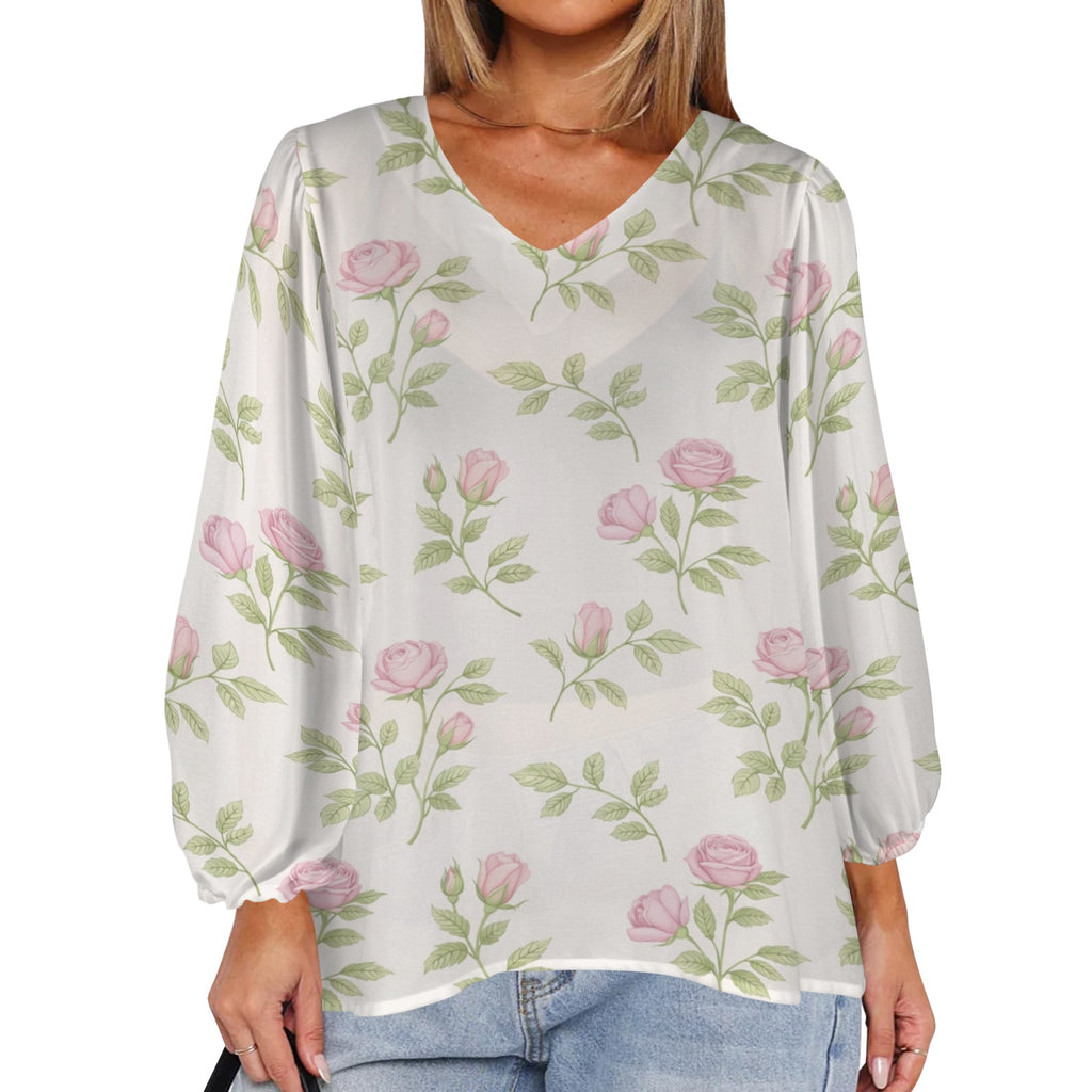 Rich and Rich Pink Floral Puff Sleeve Women's Blouse with loose fit and floral print