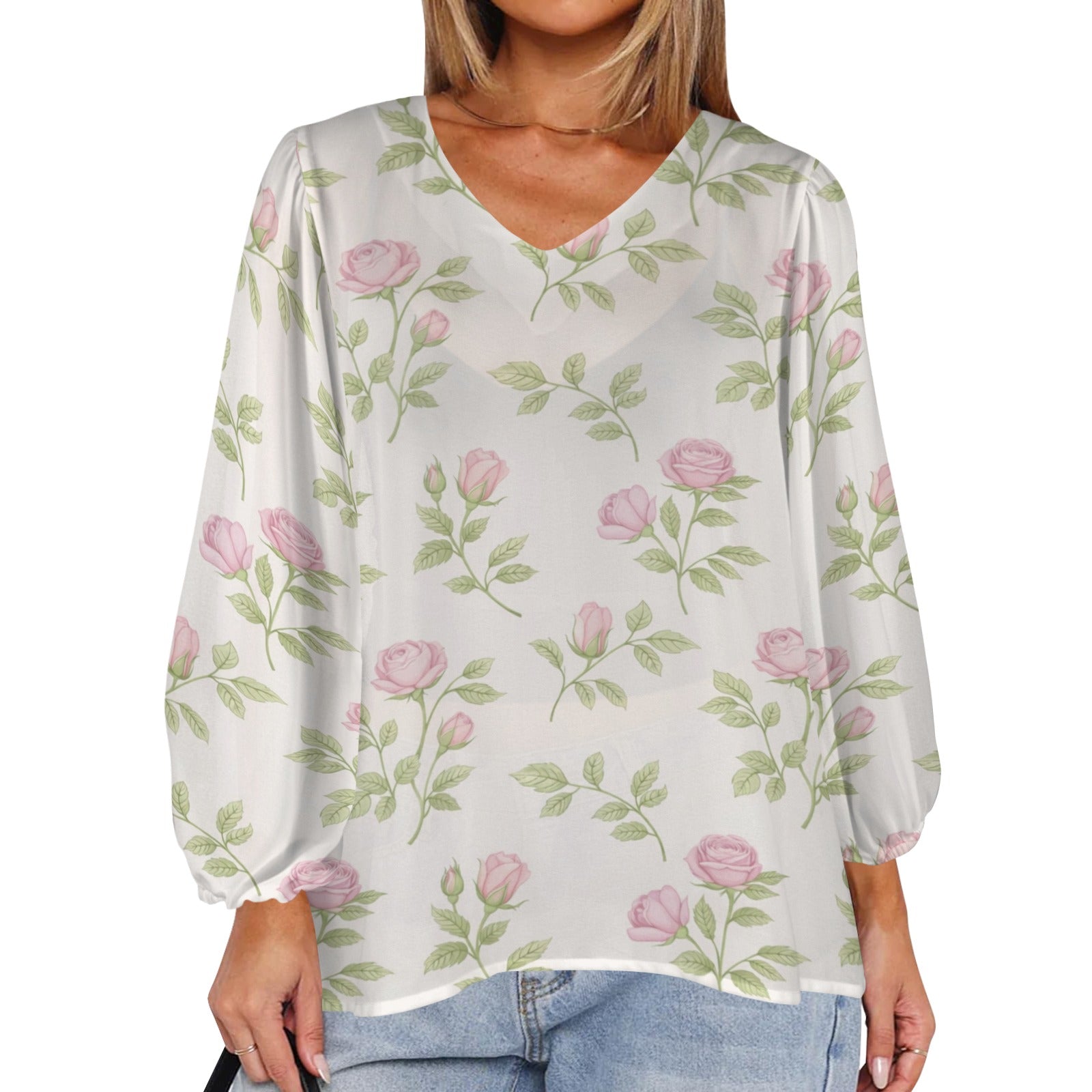 Rich and Rich Pink Floral Puff Sleeve Women's Blouse