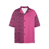 Magenta animal-print women's Hawaiian shirt with notch lapel and short sleeves — rear view