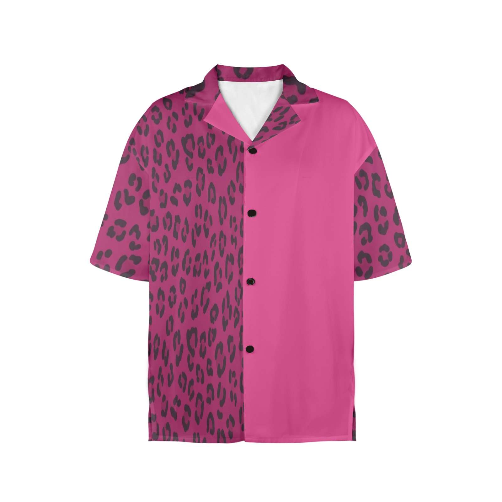 Magenta animal-print women's Hawaiian shirt with notch lapel and short sleeves — rear view