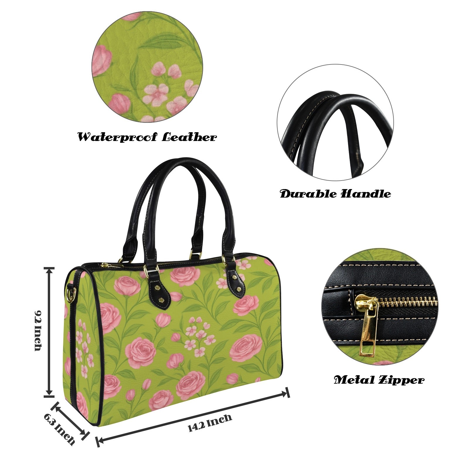 Large pink floral Boston-style handbag with top handle and adjustable shoulder strap — side view