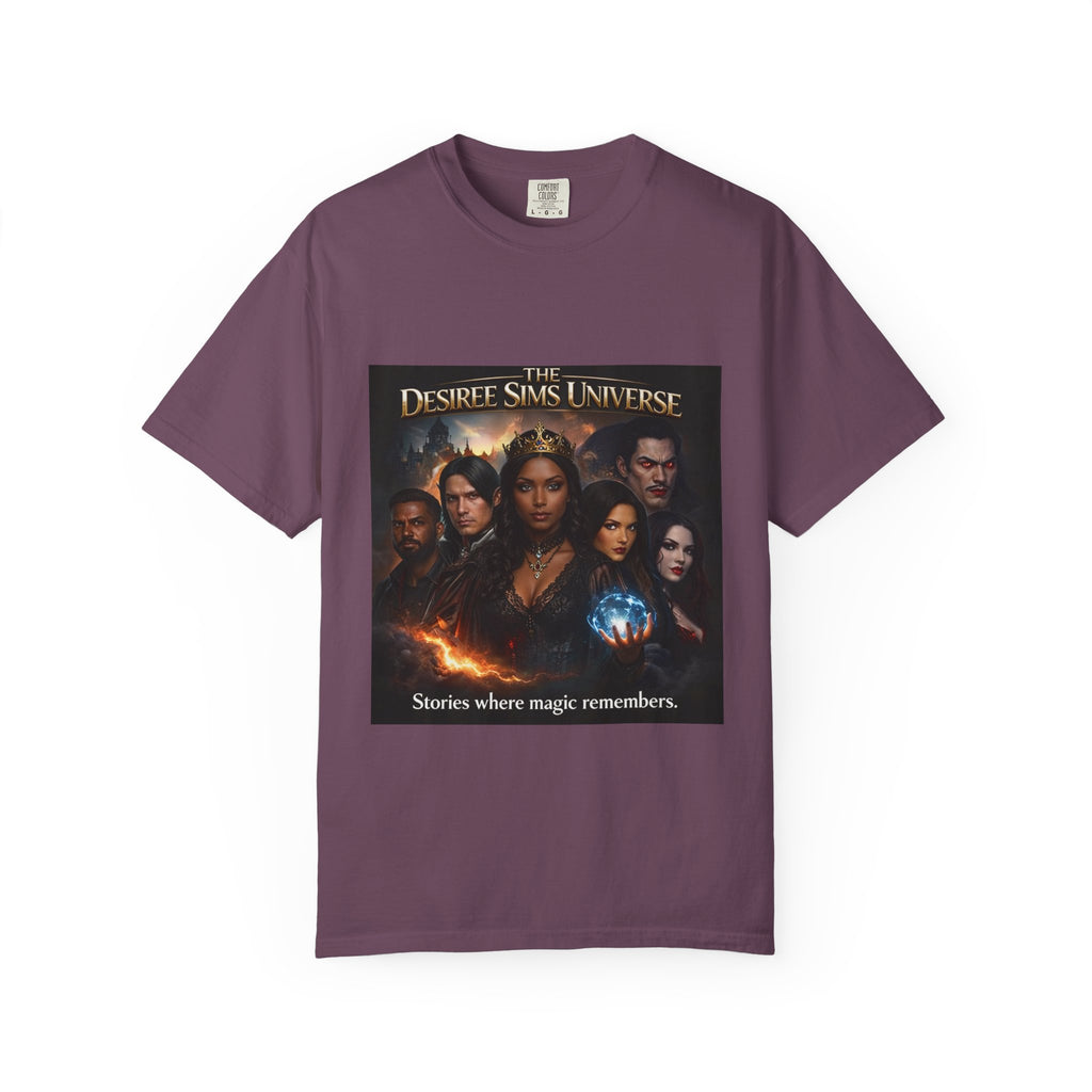 Desiree Sims Universe Fantasy Series Cast Poster T-shirt with cinematic magic print on garment-dyed fabric