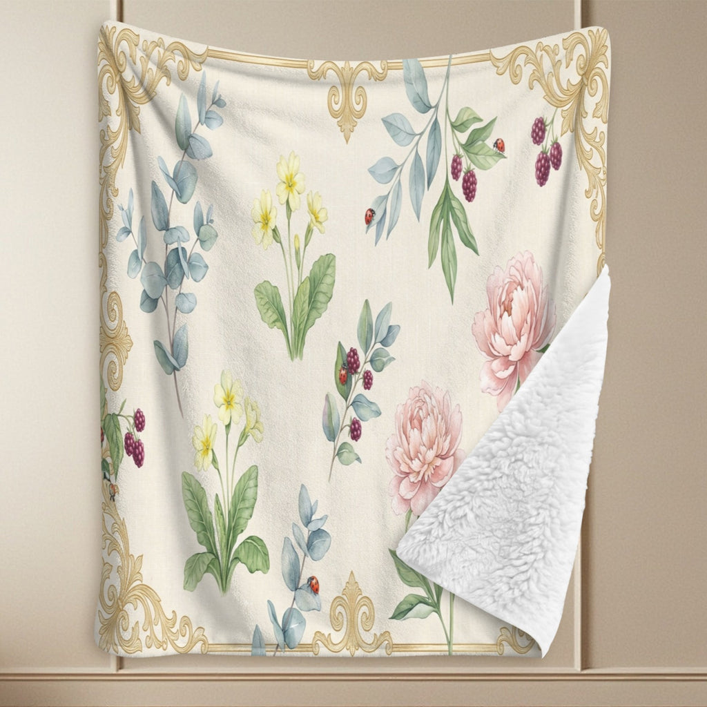 A Rich and Rich Beige Botanical Victorian Sherpa Fleece Blanket  90"x108"