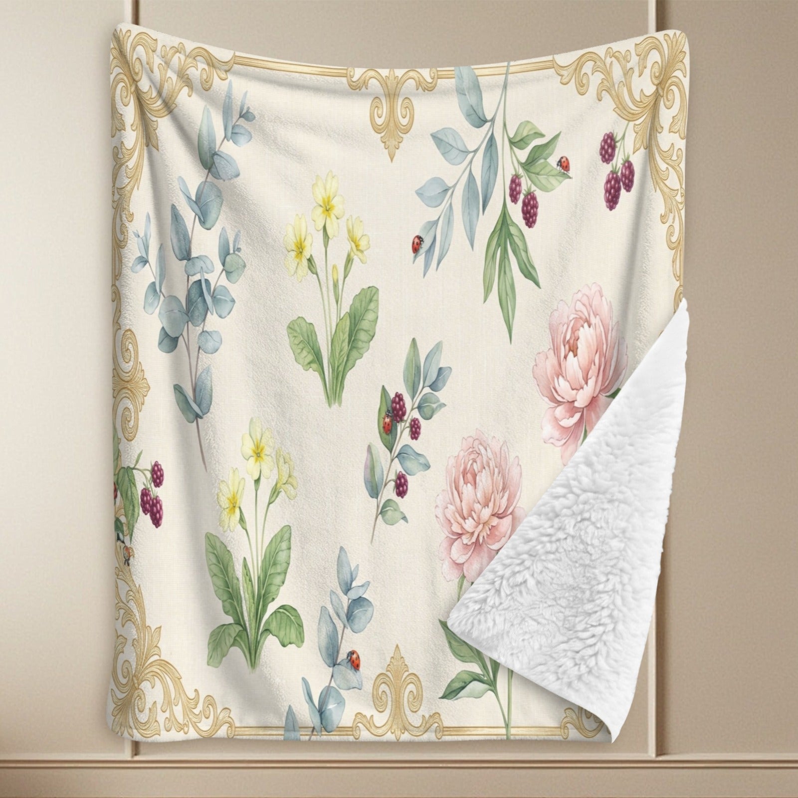 A Rich and Rich Beige Botanical Victorian Sherpa Fleece Blanket  90"x108"