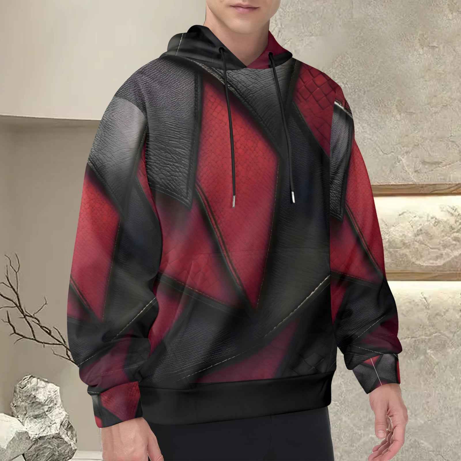 Burgundy and black diagonal patterned men's hoodie with drawstring hood and kangaroo pocket — alternate view