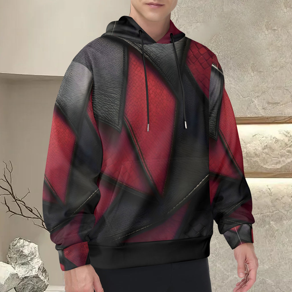 R&RH Burgundy and Black Diagonal Design Men's Long Sleeve Hoodie with Drawstring Hood and Kangaroo Pocket