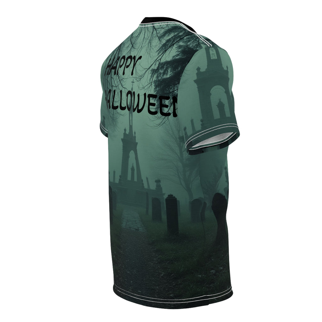 Eerie Cemetery Unisex Halloween T-shirt featuring spooky ghost and misty graveyard all-over print design