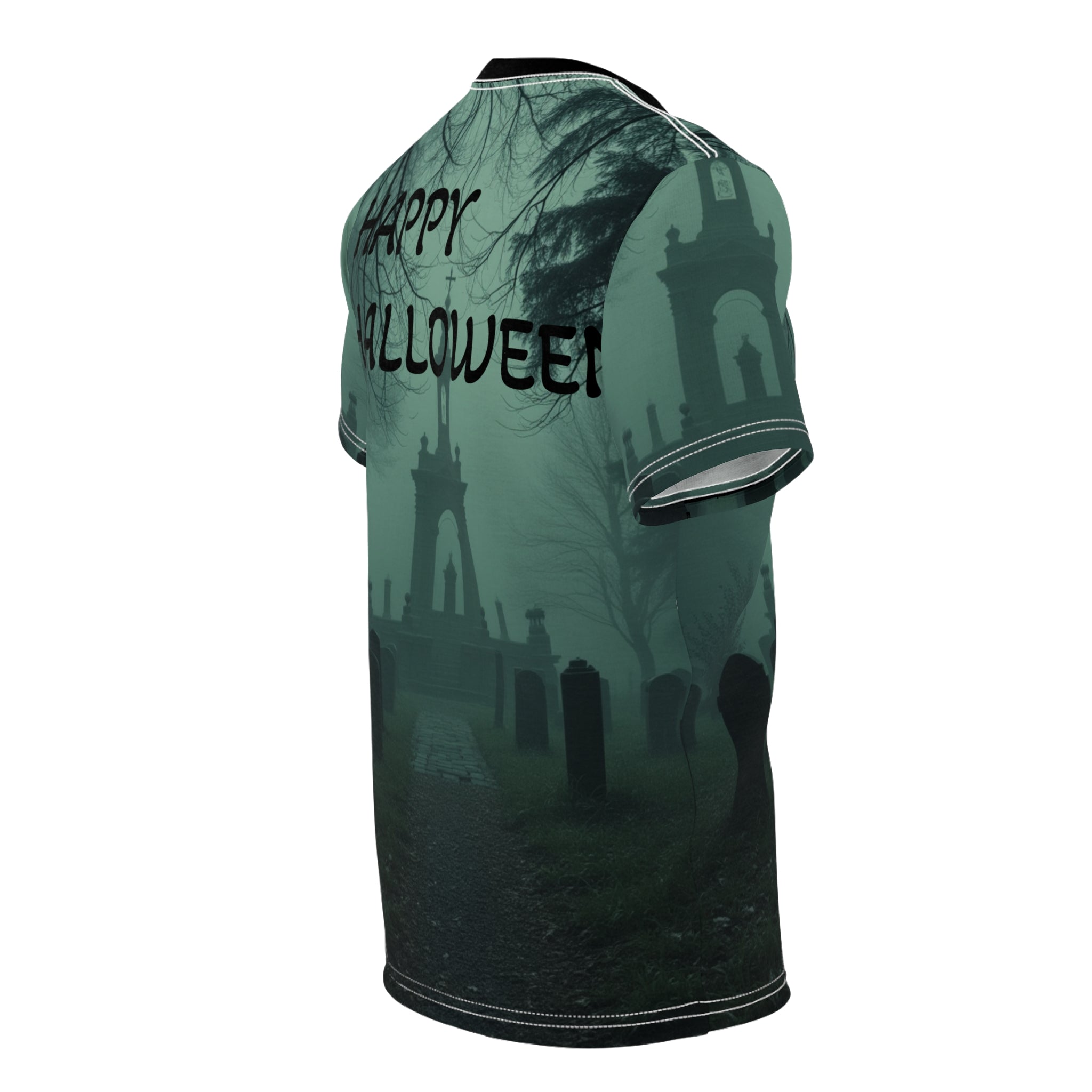 Eerie Cemetery Unisex Halloween T-shirt featuring spooky ghost and misty graveyard all-over print design