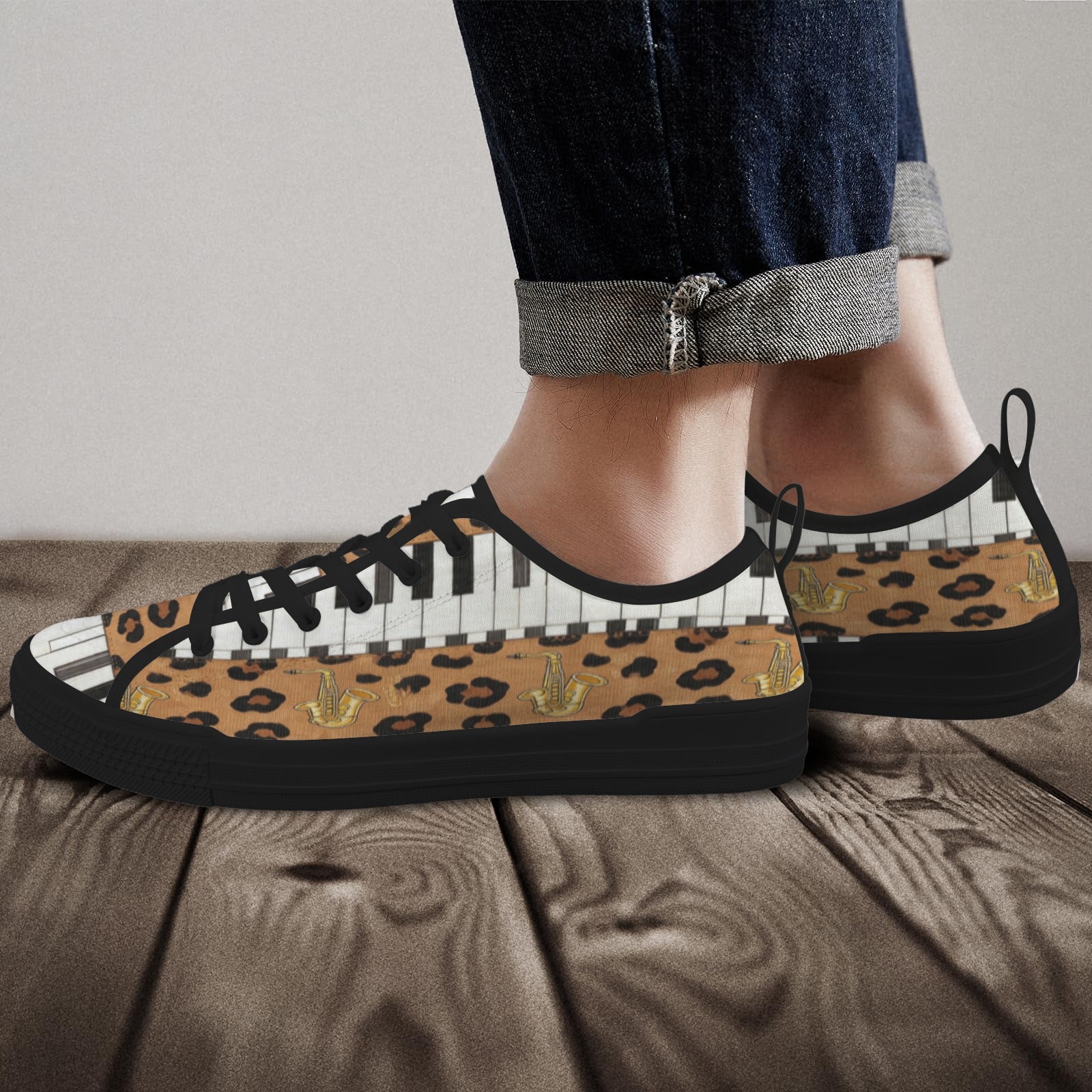 Rich and Rich Men's Brown Animal Piano Saxophone Canvas Low Top Sneaker