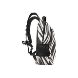 Zebra-print multifunctional backpack in 1200D nylon with tablet sleeve and multiple pockets — side view