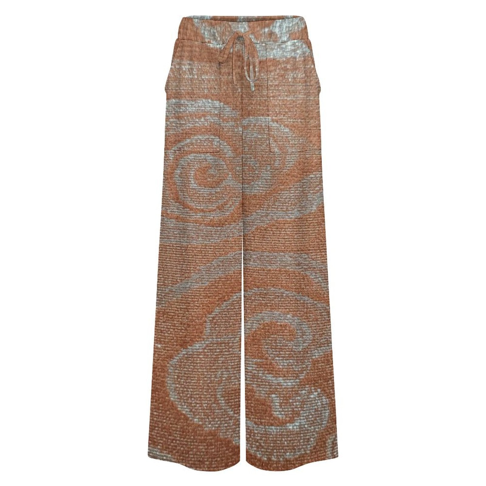 Orange patterned wide-leg women's pants with drawstring waist and two pockets — product detail