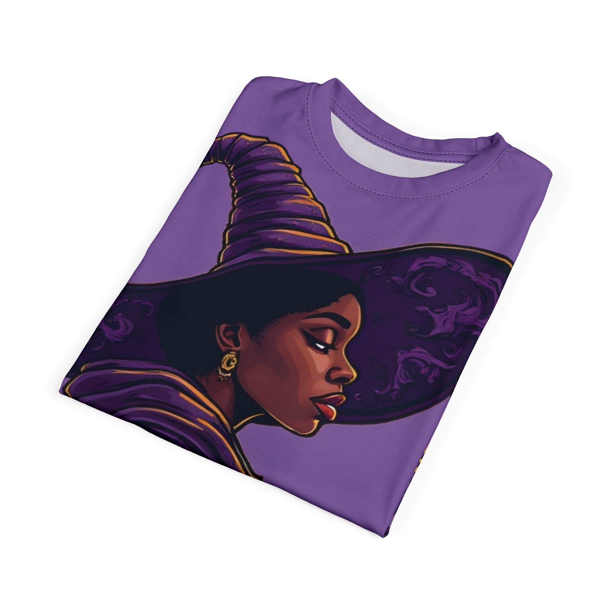 Purple witch all-over print unisex tee with crew neck, ribbed collar and regular fit — additional view 8