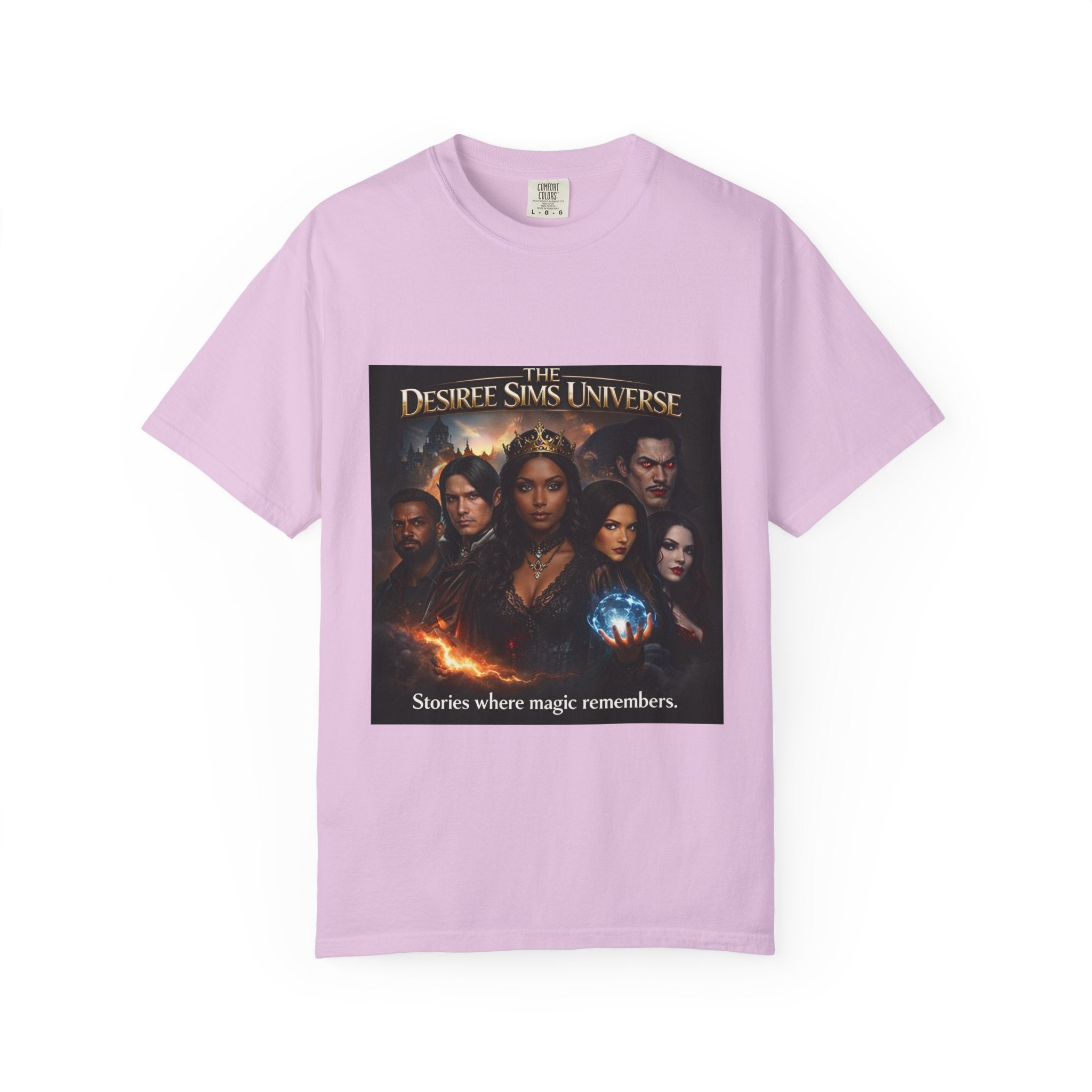 Desiree Sims Universe Fantasy Series Cast Poster T-shirt with cinematic magic print on garment-dyed fabric