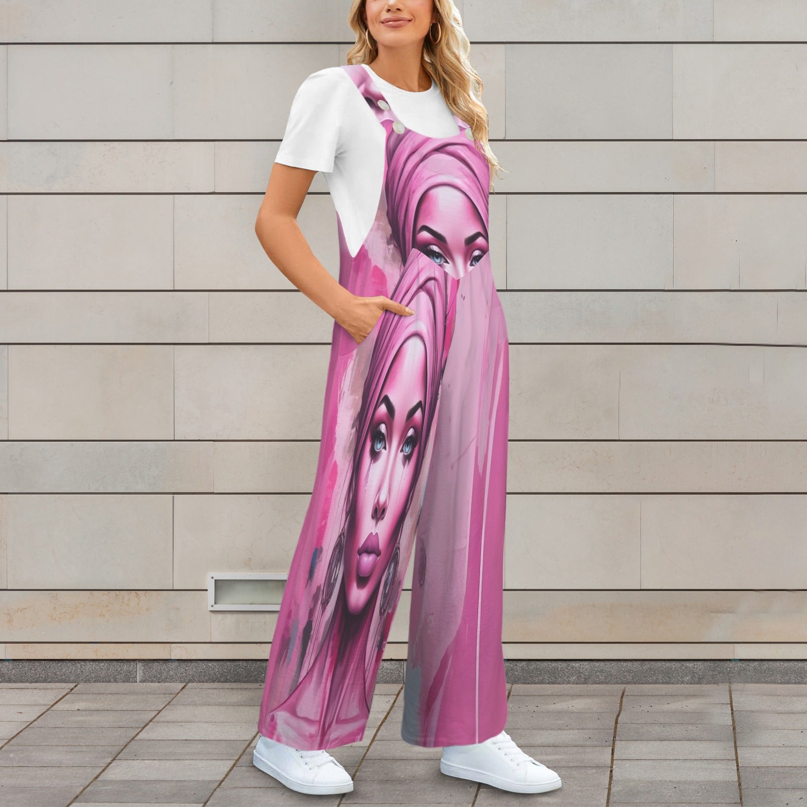 HerEyes sleeveless wide leg jumpsuit with button straps and pockets in polyester-spandex fabric