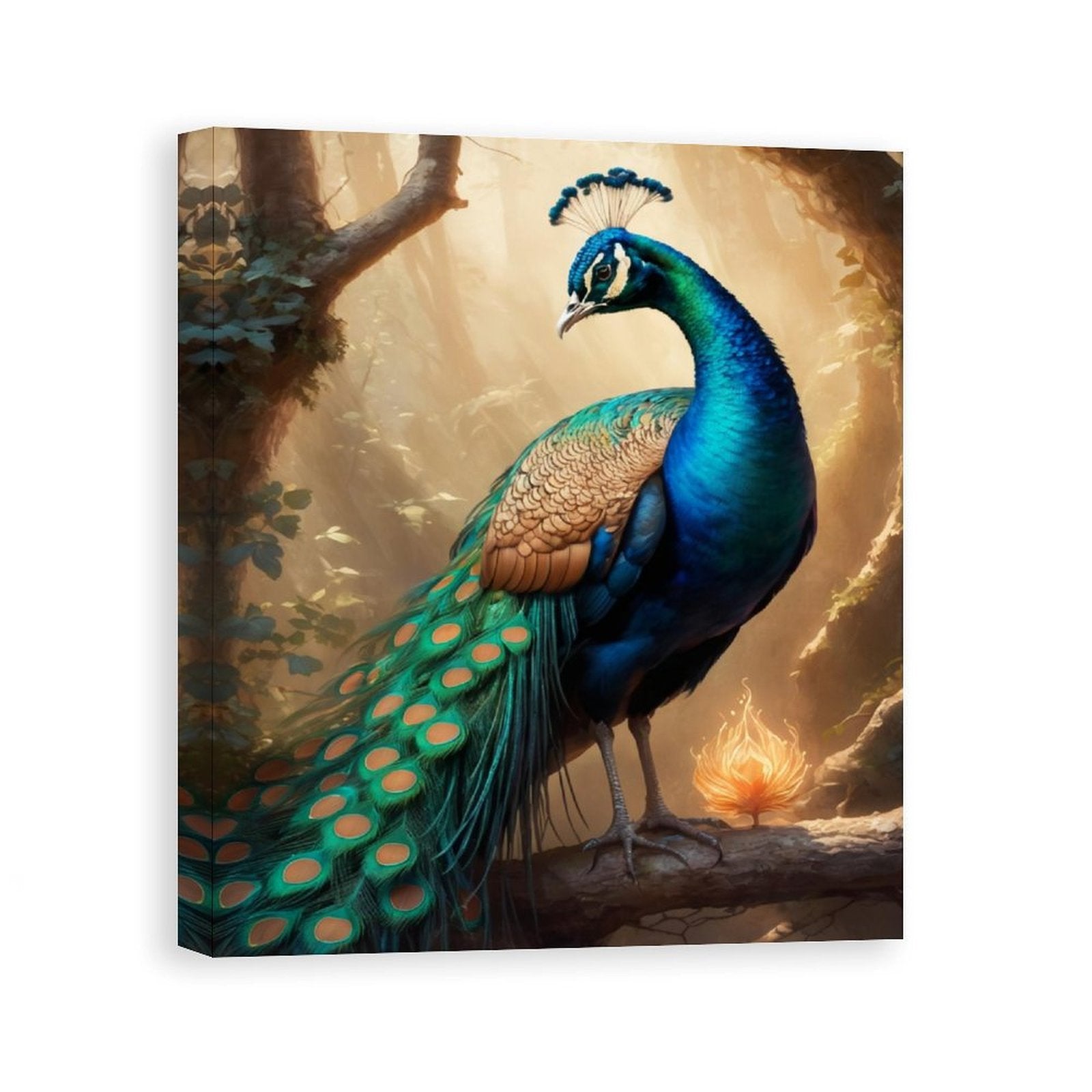Vertical peacock canvas print in vivid colors, hand-framed 20×24 inches